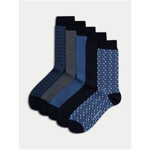Sada pěti párů pánských ponožek v modré, černé a tmavě modré barvě Marks & Spencer Pima