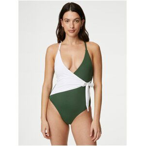 Bílo-zelené dámské zavinovací jednodílné plavky Marks & Spencer