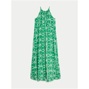 Bílo-zelené dámské vzorované maxi šaty s příměsí lnu Marks & Spencer