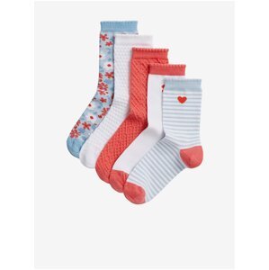 Sada pěti párů holčičích vzorovaných ponožek v červené, bílé, šedé a světle modré barvě Marks & Spencer