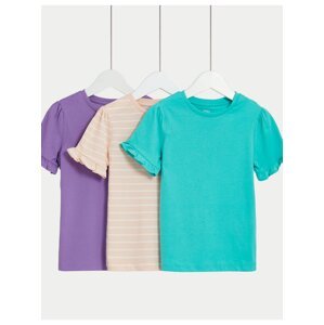 Sada tŕí holčičích triček s volánky v tyrkysové, růžové a fialové barvě Marks & Spencer