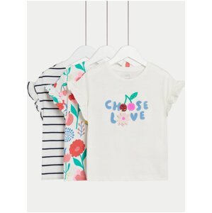 Sada tří holčičích vzorovaných triček v krémové a bílé barvě Marks & Spencer