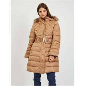 Hnědý dámský péřový zimní kabát s odepínací kapucí a kožíškem Guess Lolie