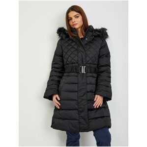 Černý dámský péřový zimní kabát s odepínací kapucí a kožíškem Guess Lolie