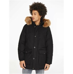 Černá pánská zimní bunda s odepínací kapucí a umělým kožíškem Tommy Hilfiger
