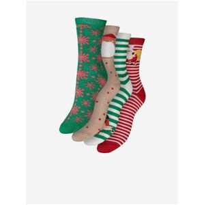 Sada čtyř párů dámských vánočních ponožek v zelené, béžové, bílé a červené barvě VERO MODA Elf