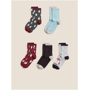 Sada pěti párů dámských ponožek v červené, šedé a modré barvě Marks & Spencer