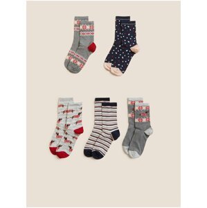 Sada pěti párů dámských ponožek v šedé, modré a červené barvě Marks & Spencer