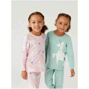 Sada dvou holčičích pyžamových souprav v tyrkysové a světle růžové barvě Marks & Spencer