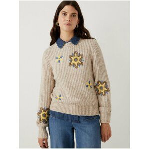 Béžový dámský žebrovaný svetr s výšivkami Marks & Spencer