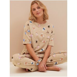 Béžové dámské vzorované pyžamo a gumička do vlasů Marks & Spencer