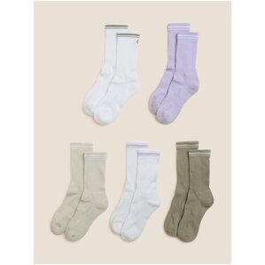 Sada pěti párů dámských ponožek ve fialové, khaki a bílé barvě Marks & Spencer