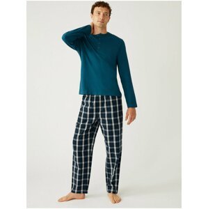 Petrolejové pánské kostkované bavlněné pyžamo Marks & Spencer