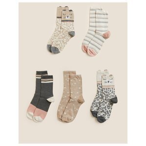 Sada pěti párů dámských vzorovaných ponožek v béžové, bílé a šedé barvě Marks & Spencer