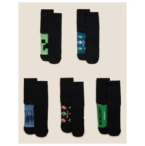 Sada pěti párů klučičích ponožek v černé barvě Marks & Spencer Minecraft™