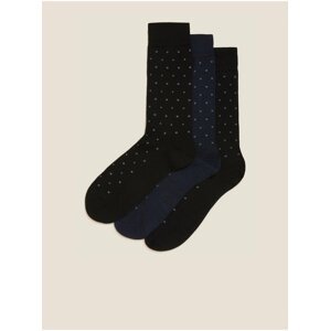 Sada tří párů pánských puntíkovaných ponožek z Merino vlny v černé a tmavě modré barvě Marks & Spencer