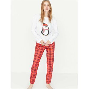 Bílo-červené dámské vzorované pyžamo Trendyol