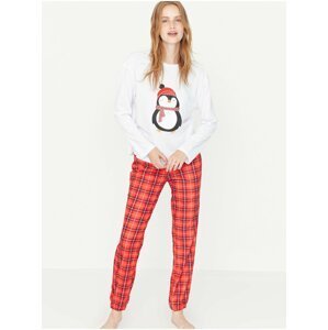 Bílo-červené dámské vzorované pyžamo Trendyol