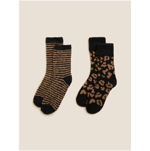 Hnědo-černá sada dvou párů dámských vzorovaných ponožek Marks & Spencer