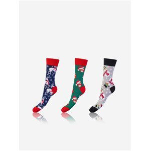 Sada tří párů unisex vzorovaných vánočních ponožek v zelené, šedé a tmavě modré barvě Bellinda CRAZY SOCKS