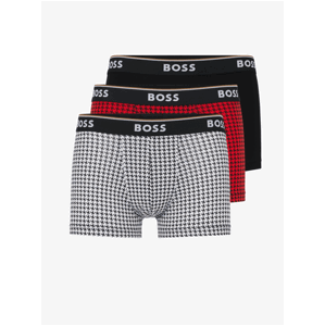 Sada tří pánských vzorovaných boxerek v bílé, červené a černé barvě BOSS