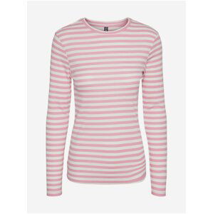 Růžové dámské pruhované basic tričko s dlouhým rukávem Pieces Ruka