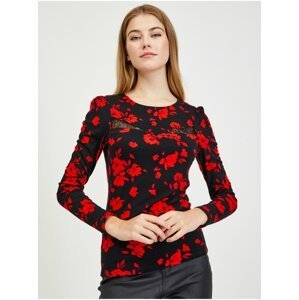 Červeno-černé dámské květované tričko s krajkovým detailem ORSAY