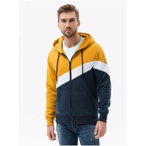 Hořčicovo-modrá pánská mikina na zip s kapucí Ombre Clothing