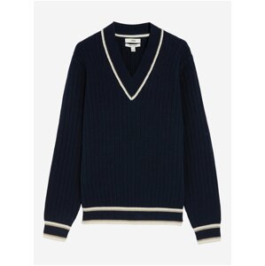 Žebrovaný svetr ze směsi bavlny s výstřihem do V Marks & Spencer námořnická modrá