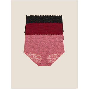 Sada tří dámských krajkových kalhotek s vysokým pasem v růžové, vínové a černé barvě Marks & Spencer