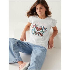 Tričko z čisté bavlny s motýlím motivem a flitry (6–16 let) Marks & Spencer bílá