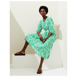 Midi šaty s výstřihem do V a potiskem, ze směsi lnu Marks & Spencer zelená