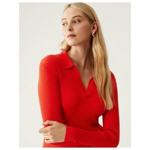 Žebrovaný svetr s límcem a výstřihem do V Marks & Spencer červená