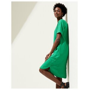 Splývavé midi šaty s vysokým podílem lnu a výstřihem do V Marks & Spencer zelená