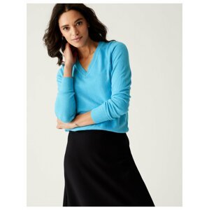 Modrý dámský basic svetr s véčkovým výstřihem Marks & Spencer