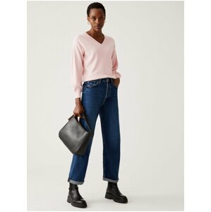 Měkký volný žebrovaný svetr s výstřihem do V Marks & Spencer růžová