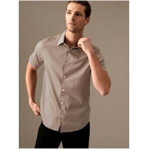 Béžovo-hnědá pánská vzorovaná košile s krátkým rukávem Marks & Spencer