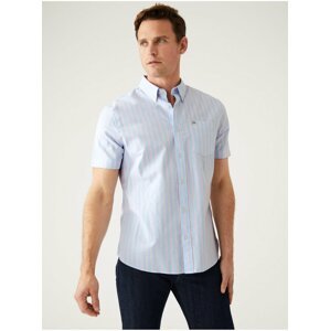 Růžovo-modrá pánská bavlněná pruhovaná košile s krátkým rukávem Marks & Spencer Oxford
