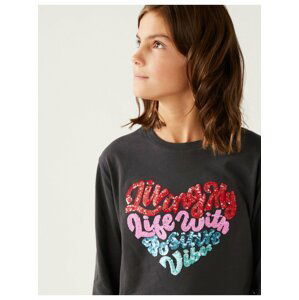 Tmavě šedé holčičí bavlněné tričko s motivem srdce a flitry Marks & Spencer
