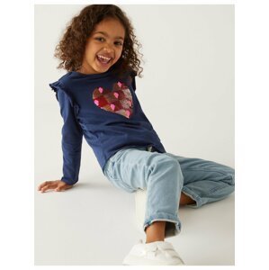Tmavě modré holčičí bavlněné tričko s motivem srdce a flitry Marks & Spencer
