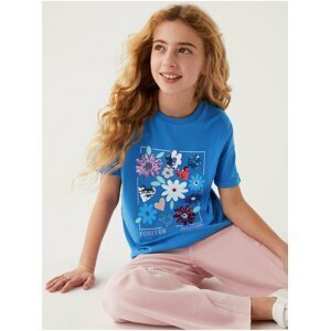 Modré holčičí bavlněné tričko s potiskem Marks & Spencer