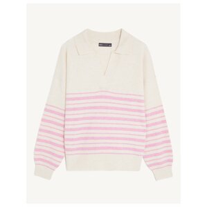 Růžovo-krémový dámský proužkovaný svetr s límcem Marks & Spencer