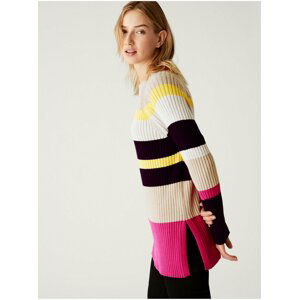 Pruhovaný a žebrovaný dlouhý svetr s vysokým podílem bavlny Marks & Spencer béžová