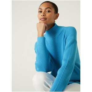 Žebrovaný svetr se stojáčkem s vysokým podílem bavlny Marks & Spencer modrá