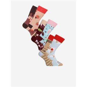 Sada tří párů unisex vzorovaných ponožek ve světle modré, hnědé, růžové a červené barvě Dedoles