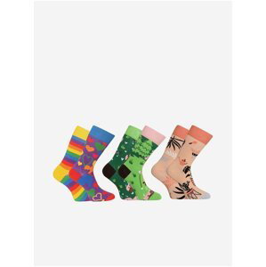 Sada tří párů unisex vzorovaných ponožek v meruňkové, zelené, fialové a žluté barvě Dedoles