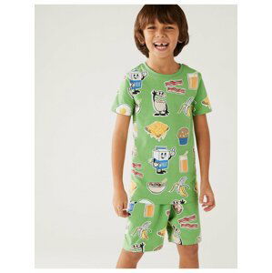 Krátká pyžamová souprava s vysokým podílem bavlny a potiskem snídaně (7–16 let) Marks & Spencer zelená