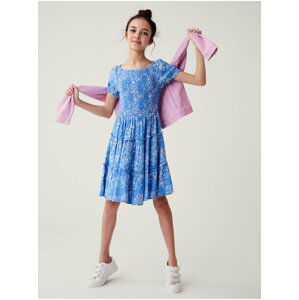 Nabírané šaty s květinovým potiskem (6–16 let) Marks & Spencer modrá