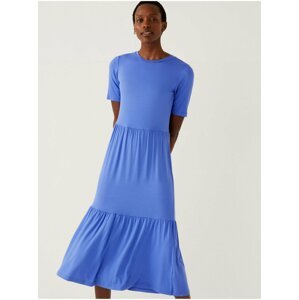 Modré dámské žerzejové  midi šaty s volánem Marks & Spencer