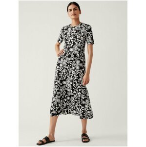 Bílo-černé dámské květované žerzejové midi šaty s volánem Marks & Spencer